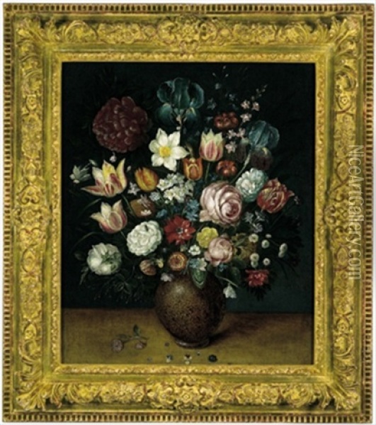 Ein Blumenstraus In Einer Bauchigen Tonvase Oil Painting - Andries Daniels