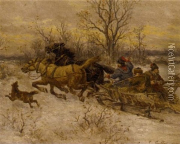 Hunters On The Scent In A Winter Landscape Oil Painting - Ludwig Gedlek