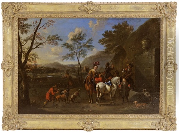 Hunting Party At A Watering Fountain Oil Painting - Franciscus Hamers