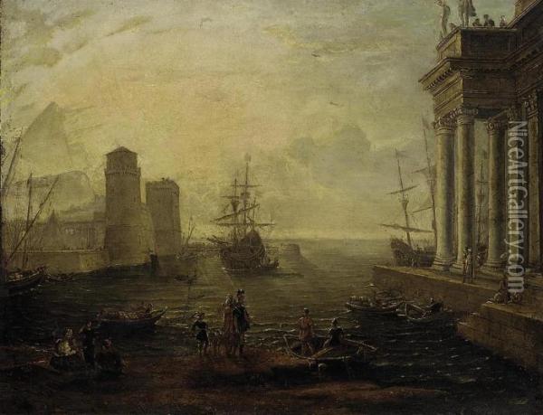 A Capriccio Of A Mediterranean Port With Classical Figures Atsunset Oil Painting - Claude Lorrain (Gellee)