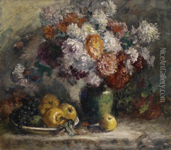 Still Life With Flowers And Bowl Of Fruit Oil Painting - Anna Peters
