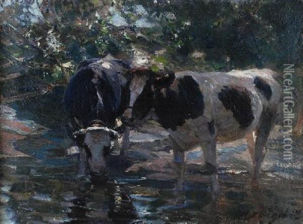 Krowy U Wodopoju Oil Painting - Heinrich Johann Von Zugel