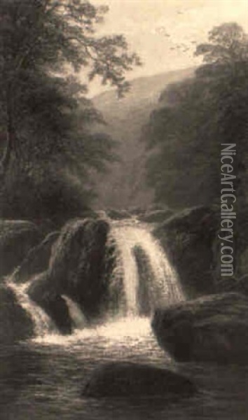 A Waterfall In A Wooded River Landscape Oil Painting - William Mellor