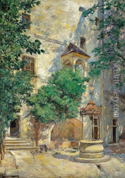Der Brunnen Im Innenhof Von Schlos Seebenstein Oil Painting - Johann Victor Kramer