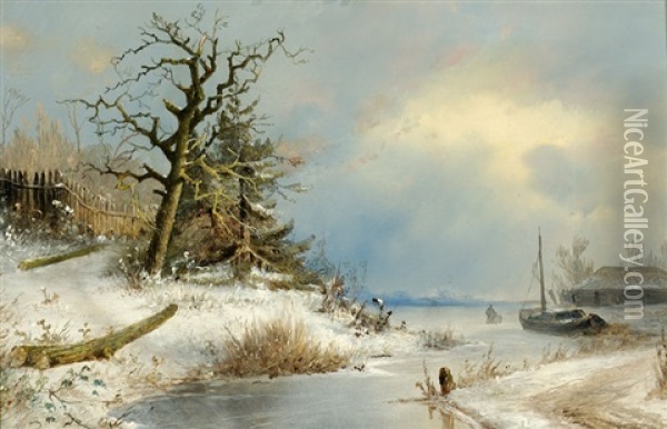 Winter River Landscape Oil Painting - Johannes Franciscus Hoppenbrouwers