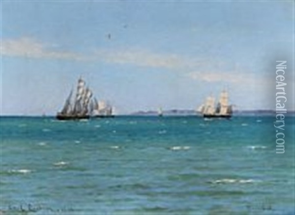 Seascape With Sailing Ships Out Shore Hornbaek Oil Painting - Carl Ludvig Thilson Locher