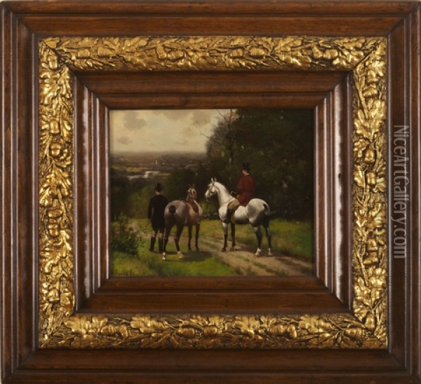 Equestrians Overlooking A Village In A Pastoral Landscape Oil Painting - Scott Leighton