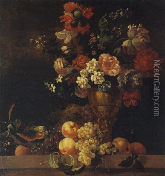 Carnations, Peonies And Other Flowers In A Sculpted Urn On A Stone Ledge, With A Parrot Resting Beside Peaches, Grapes And Pears Oil Painting - Pierre Nicolas Huilliot