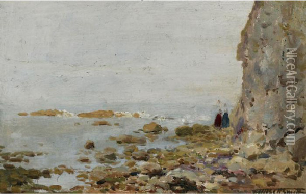 Rocky Coast With Two Figures Oil Painting - Frederic Marlett Bell-Smith