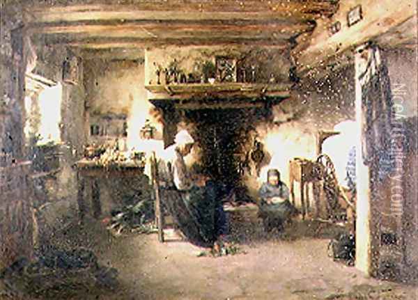 Interior of a peasant cottage Oil Painting - T. Grondard