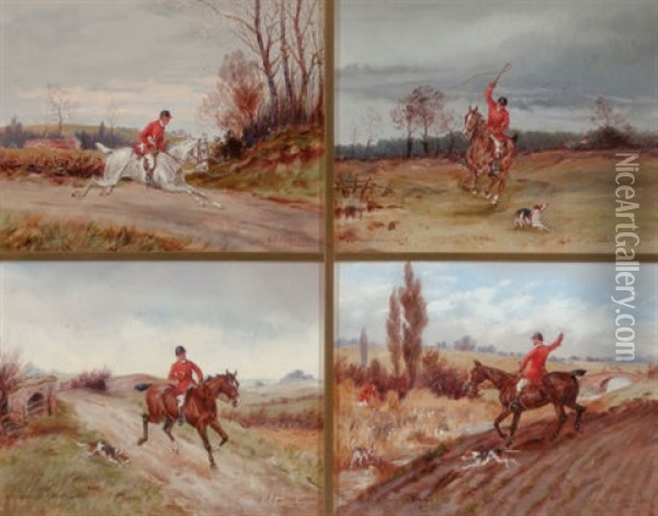 Hunting Sketches: Blood Wanted, Get Away Back There!, Bringing Up A Straggler, And The Reeds By The Old Canal (set Of 4) Oil Painting - Henry Frederick Lucas Lucas