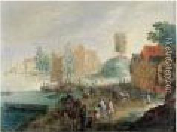 Paysage De Bord De Fleuve Avec Un Moulin Oil Painting - Pieter Van Bredael