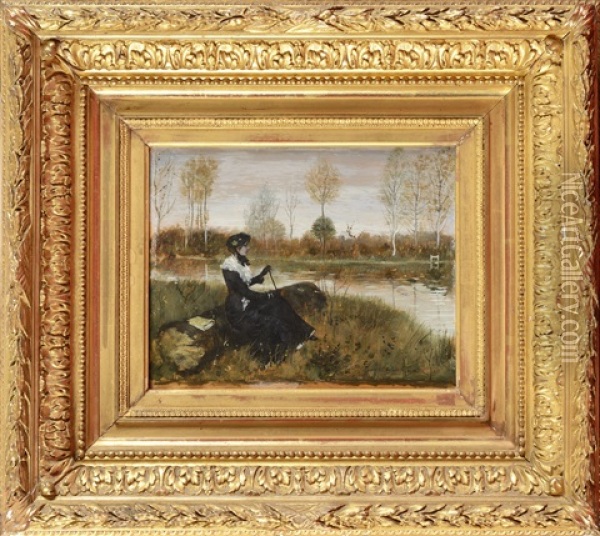 Elegante Au Bord D'un Etang Oil Painting - Norbert Goeneutte