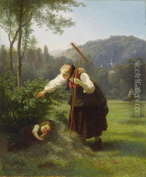 Junge Bauerin Bei Derheuernte Mit Ihrem Schlafenden Kind Oil Painting - Christian Eduard Boettcher