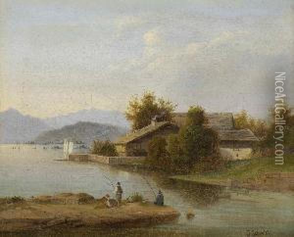 Angler Am Ufer Eines
 Vorgebirgssees. Oil Painting - Josef Schertel