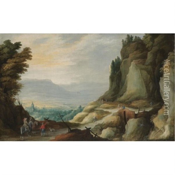 An Extensive Rocky Landscape With Travellers On A Path In The Foreground Oil Painting - Joos de Momper the Younger