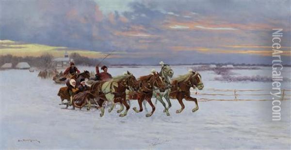 Riding In The Snow Oil Painting - Alfred Wierusz-Kowalski