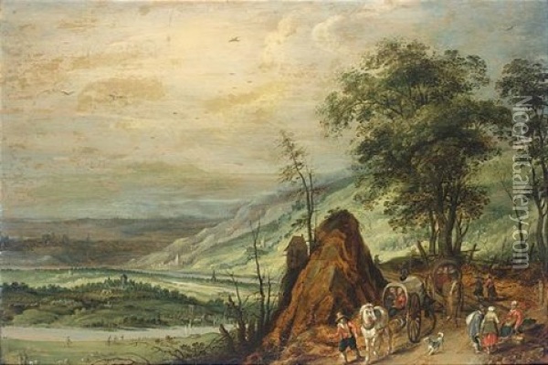An Extensive Landscape With Waggoners In The Foreground Oil Painting - Joos de Momper the Younger