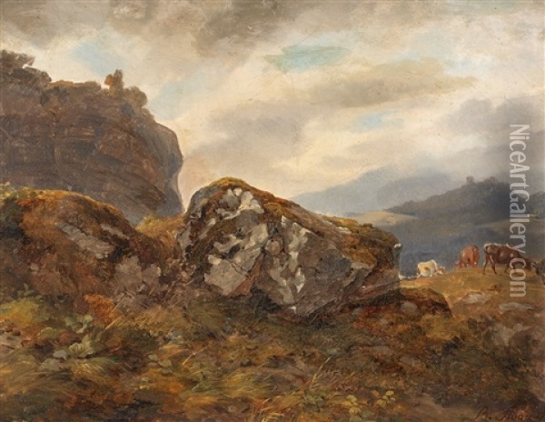 Berglandschaft Mit Weidenden Kuhen Oil Painting - Benno Raffael Adam