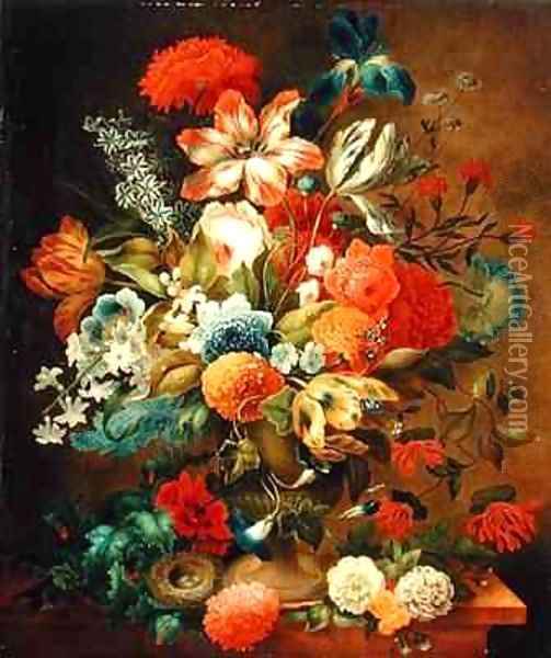 Flower Still Life with Bird Nest Oil Painting - Ottmar The Elder Elliger