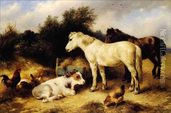 Ponies, A Calf And Poultry In A Farmyard Oil Painting - Walter Hunt