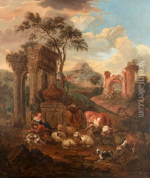 A Shepherd And Shepherdess With Sheep, Goats And Cattle Resting Before Ruins Oil Painting - Michiel Carre