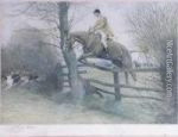 Huntsman Jumping A Fence Oil Painting - Cecil Charles Aldin