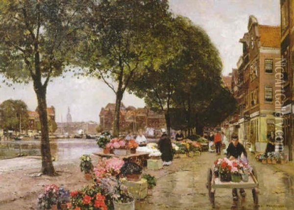 Blumenmarkt An Einer Gracht In Amsterdam Oil Painting - Heinrich Hermanns