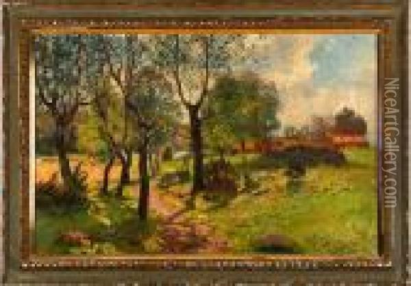 A Summer Scenery With Farm, Birch Field, And Working People. Signed Oil Painting - Anton Genberg