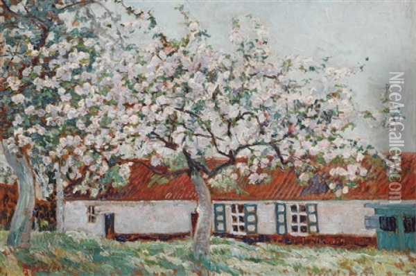 Blossoming Tree Near A Farm Oil Painting - Anna de Weert