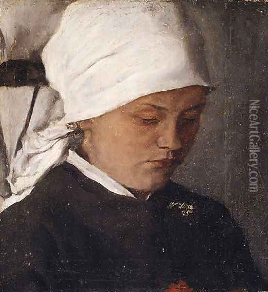 Peasant Girl with a White Headcloth 1885 Oil Painting - Wilhelm Leibl