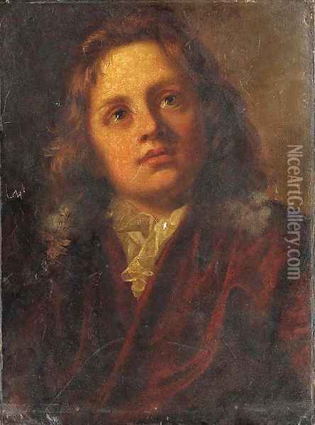 A young man, in a red velvet jacket and a white cravat Oil Painting - French School