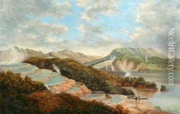 View Of Lake Rotomahana With Pink And White Terraces Oil Painting - Charles Blomfield