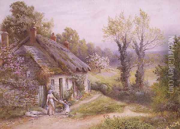 A Mother and Child in a Cottage Garden Oil Painting - Noel Smith