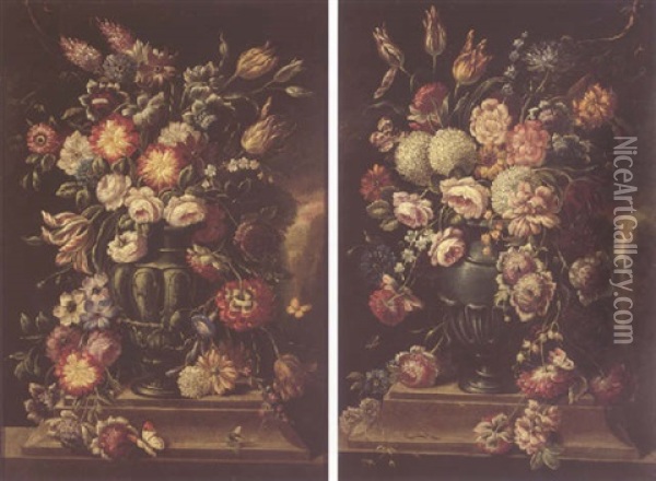 Floral Still Life In A Vase On A Stone Ledge Oil Painting - Jean-Baptiste Monnoyer