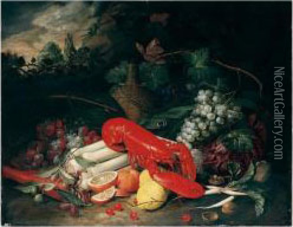 Still Life Of A Lobster, Leeks, 
Carrots, Radishes, Cabbage, Grapes, Oranges, Lemons, Cherries And 
Walnuts, Together With A Flagon Of Wine, In A Landscape Setting Oil Painting - Jan Pauwel Ii Gillemans