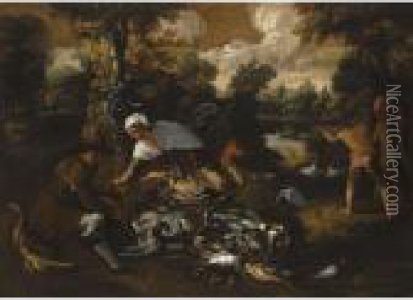 A Fluvial Landscape With Figures
 Hunting And A Woman Selling Thespoils Of The Hunt To A Man Oil Painting - Lodovico Pozzoserrato (see Toeput, Lodewijk)
