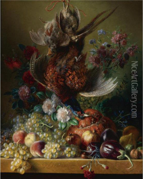 Still Life Of Flowers And Fruit With A Bird Oil Painting - Georgius Jacobus J. Van Os