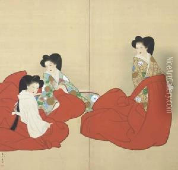 Three Court Ladies Oil Painting - Yamaguchi Soken