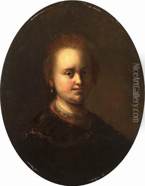 Portrait Of Saskia, Bust-length, In A Brown Dress And Pearl Earrings Oil Painting - Rembrandt Van Rijn