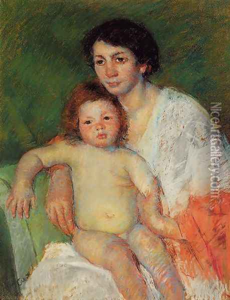 Nude Baby on Mother's Lap Resting Her Arm on the Back of the Chair Oil Painting - Mary Cassatt