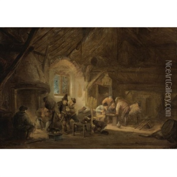 Rustic Interior With Peasants Drinking And Gaming Oil Painting - Isaac Van Ostade