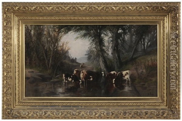 Cows Watering In A Stream Oil Painting - Joseph Evans