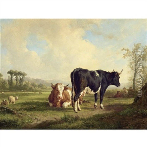 Shepherd With His Herd Oil Painting - Jacques Raymond Brascassat