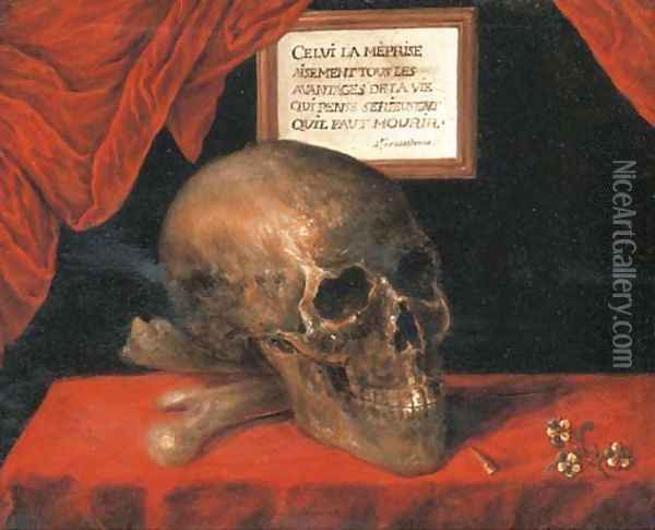 A vanitas still life with a skull Oil Painting - French School