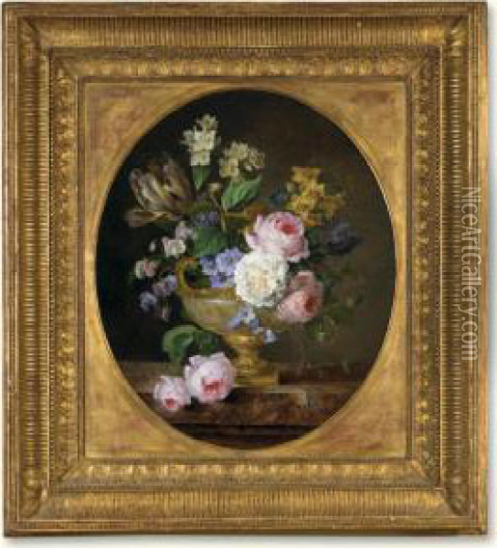 A Still Life Of Flowers In A Vase On A Ledge Oil Painting - Gerard Van Spaendonck