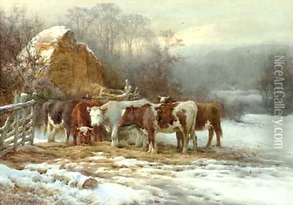 Wintertime, cattle by a fence Oil Painting - Charles James Adams