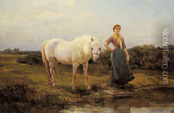 Noonday taking a Horse to Water, 1877 Oil Painting - Heywood Hardy