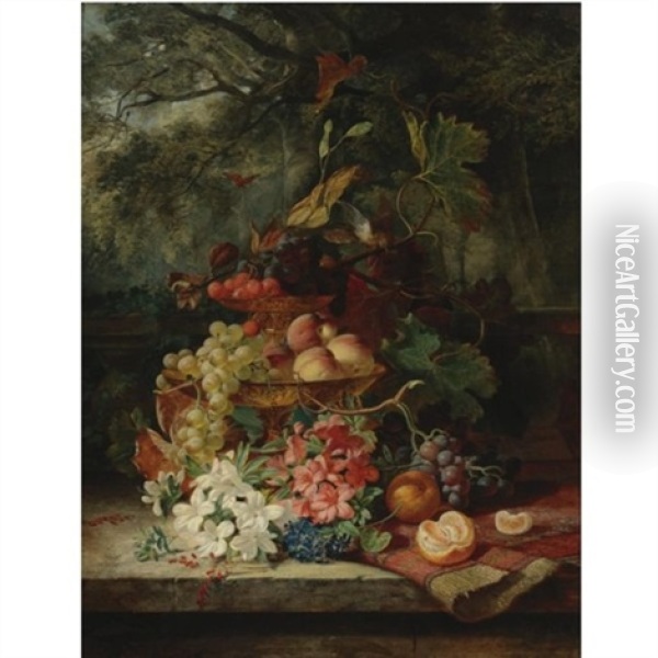 Still Life With Grapes, Cherries, Peaches, And Flowers In A Double-tiered Gilt Dish, A Carpet And An Orange, All Resting On A Ledge With A Balustrade And A Garden Landscape Beyond Oil Painting - Simon Saint-Jean