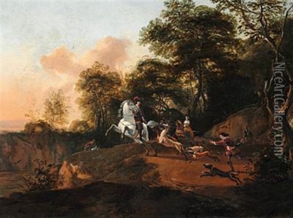 Hunting Scene With Horses And Dogs Oil Painting - Abraham Danielsz Hondius